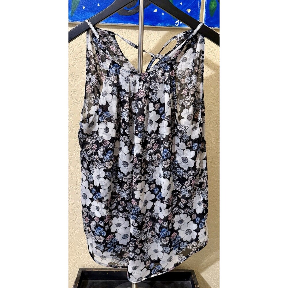 Ann Taylor Black Floral Halter Top With White Flowers Size PS Tunic Flowy Blouse